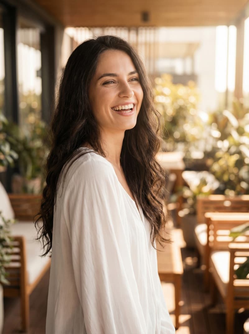 Молода стильна жінка із сяючою посмішкою